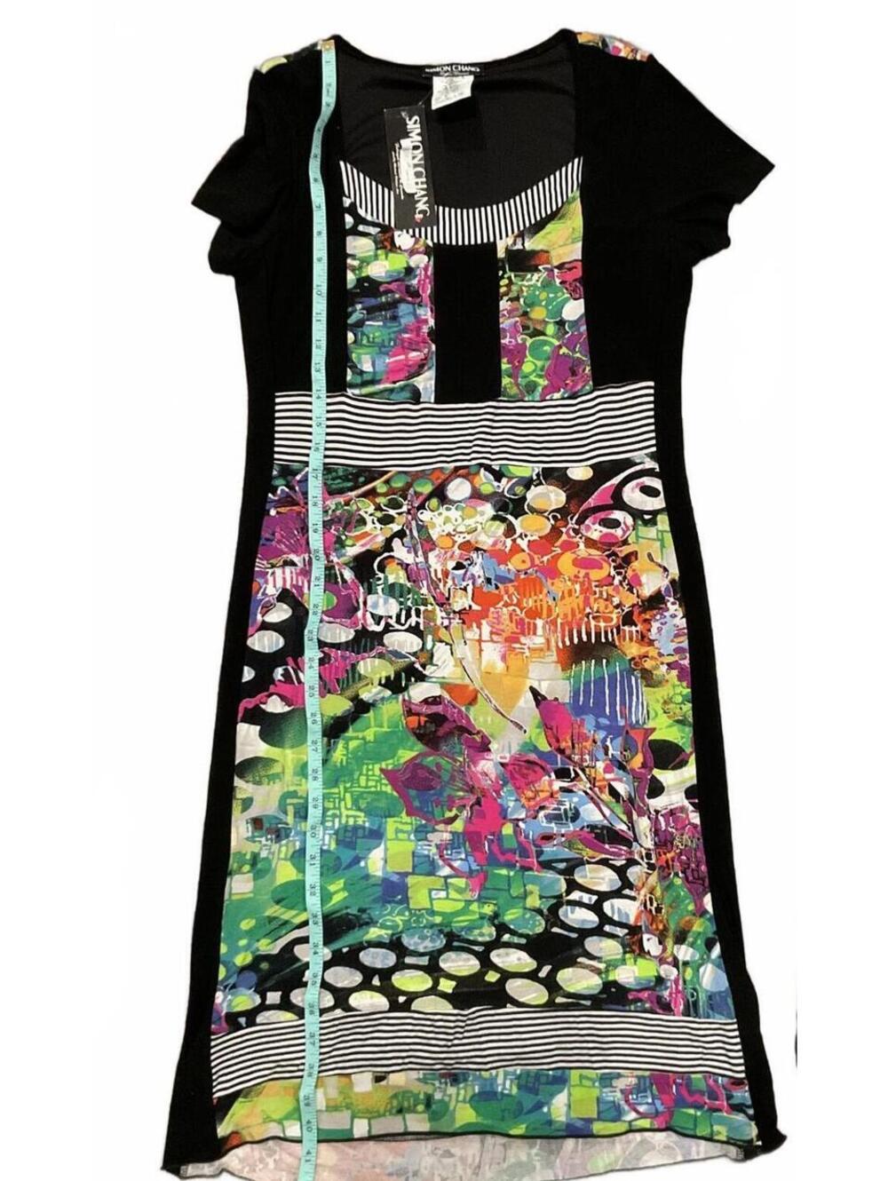 NWT Simon Chang Rodeo Drive Black Multicolor Abstract Print Midi Dress